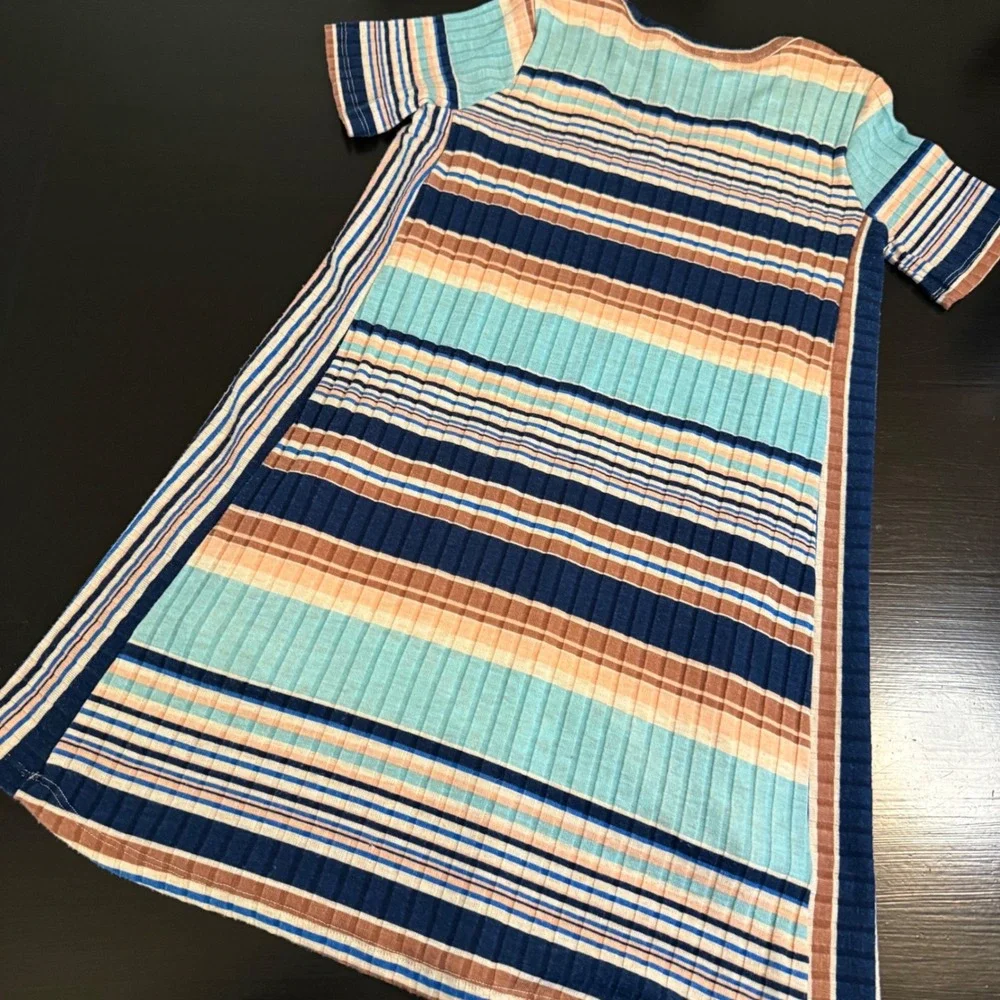 Verse Womens Striped Ribbed Knit V-Neck T-Shirt Dress Blue Tan Size M 2459DR‎